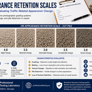CRI Carpet Appearance Retention Scales showing standardized visual grading from 5.0 to 1.0 for evaluating traffic-related crushing, matting, texture change, and pile distortion in carpet.
