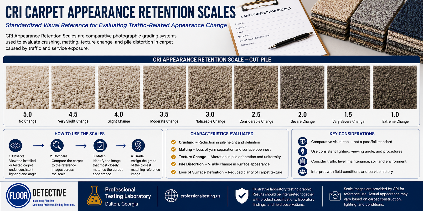 CRI Carpet Appearance Retention Scales showing standardized visual grading from 5.0 to 1.0 for evaluating traffic-related crushing, matting, texture change, and pile distortion in carpet.
