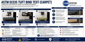 ASTM D1335 Tuft Bind Test showing laboratory equipment used to measure the force required to remove carpet tufts from the backing system for loop pile and cut pile constructions.