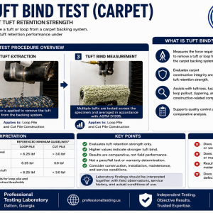 ASTM D1335 Tuft Bind Test showing laboratory equipment used to measure the force required to remove carpet tufts from the backing system for loop pile and cut pile constructions.