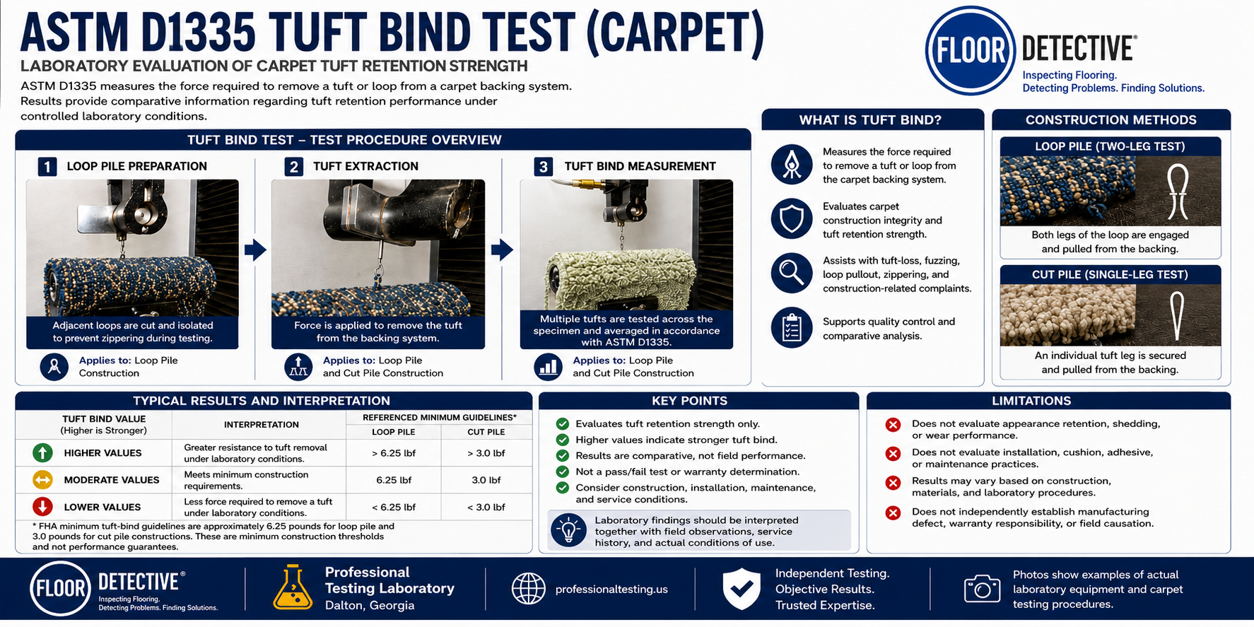 ASTM D1335 Tuft Bind Test showing laboratory equipment used to measure the force required to remove carpet tufts from the backing system for loop pile and cut pile constructions.