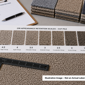 Illustrative comparison of CRI carpet appearance retention scales used to evaluate crushing, matting, texture change, and traffic-related appearance retention.