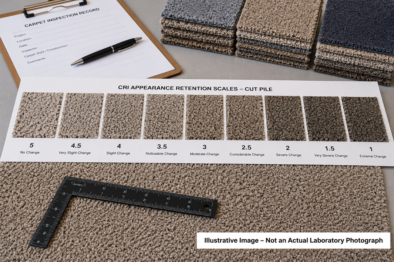 Illustrative comparison of CRI carpet appearance retention scales used to evaluate crushing, matting, texture change, and traffic-related appearance retention.