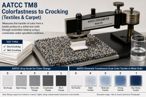 Illustrative Image – Not an Actual Laboratory Photograph showing AATCC TM8 crockmeter testing used to evaluate color transfer resistance in textiles and carpet.