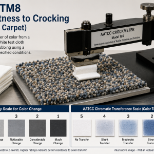 Illustrative Image – Not an Actual Laboratory Photograph showing AATCC TM8 crockmeter testing used to evaluate color transfer resistance in textiles and carpet.