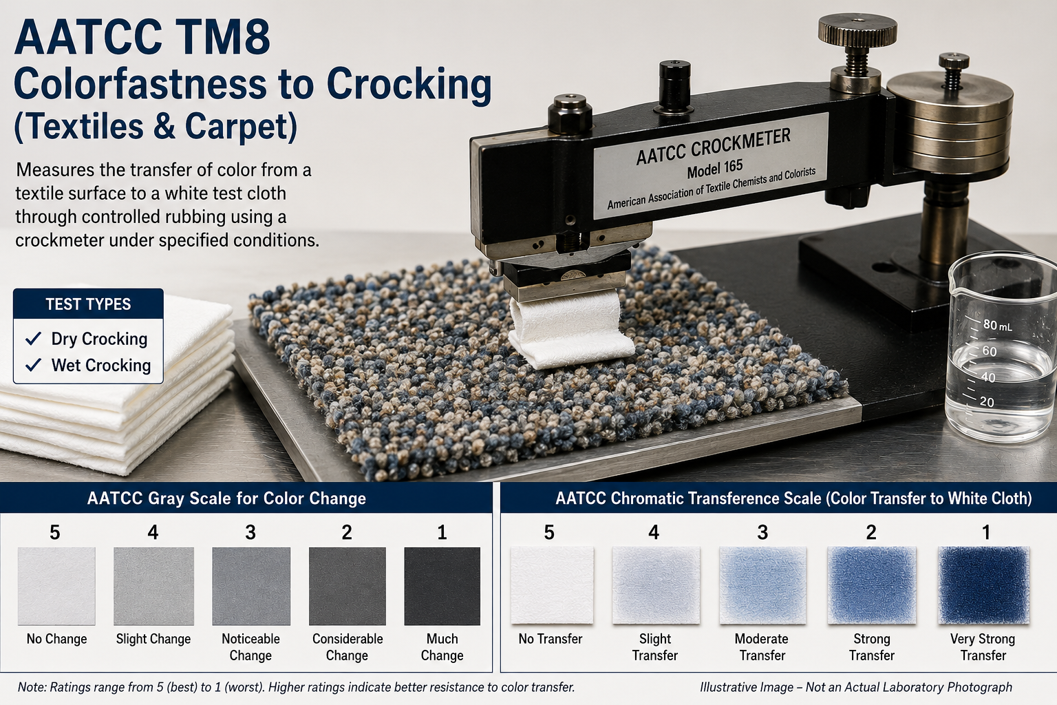 Illustrative Image – Not an Actual Laboratory Photograph showing AATCC TM8 crockmeter testing used to evaluate color transfer resistance in textiles and carpet.