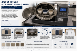 Illustrative Image – Not an Actual Laboratory Photograph showing ASTM D6540 accelerated soiling evaluation of carpet specimens in a laboratory setting.