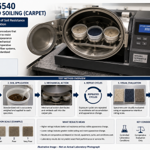 Illustrative Image – Not an Actual Laboratory Photograph showing ASTM D6540 accelerated soiling evaluation of carpet specimens in a laboratory setting.