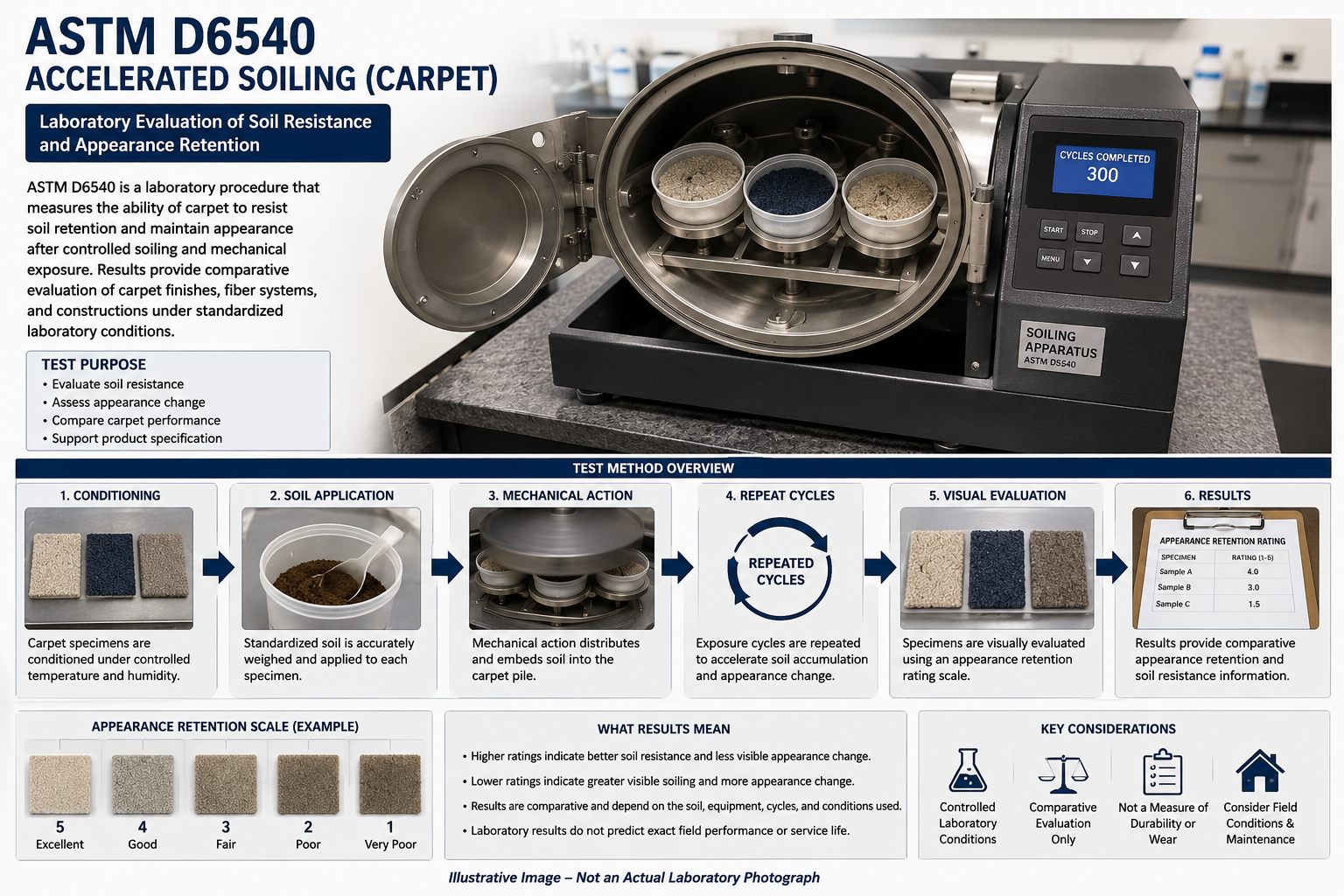Illustrative Image – Not an Actual Laboratory Photograph showing ASTM D6540 accelerated soiling evaluation of carpet specimens in a laboratory setting.
