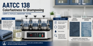 Illustrative Image – AI Generated for Educational Purposes showing laboratory testing of carpet colorfastness to shampoo-based cleaning exposure