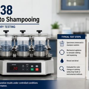 Illustrative Image – AI Generated for Educational Purposes showing laboratory testing of carpet colorfastness to shampoo-based cleaning exposure