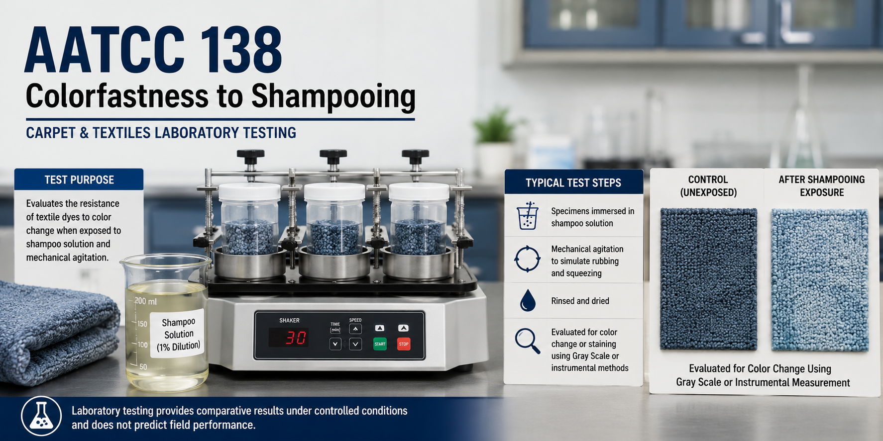 Illustrative Image – AI Generated for Educational Purposes showing laboratory testing of carpet colorfastness to shampoo-based cleaning exposure