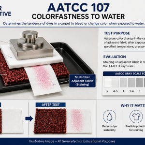 Illustrative Image – AI Generated for Educational Purposes showing AATCC 107 colorfastness to water testing with carpet specimen, multifiber adjacent fabric, staining evaluation, and Gray Scale comparison