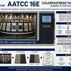 Illustrative Image – AI Generated for Educational Purposes showing AATCC 16E colorfastness to light testing with carpet specimens exposed to controlled light sources and evaluated for fading resistance