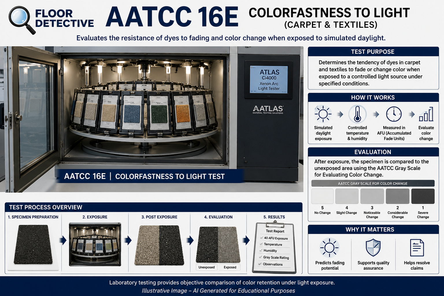 Illustrative Image – AI Generated for Educational Purposes showing AATCC 16E colorfastness to light testing with carpet specimens exposed to controlled light sources and evaluated for fading resistance