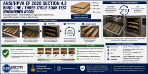 ANSI/HPVA EF 2020 Section 4.2 laboratory test illustrating the Three-Cycle Soak Test for engineered wood flooring, showing water immersion, oven drying, bond-line evaluation, and delamination assessment.