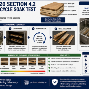 ANSI/HPVA EF 2020 Section 4.2 laboratory test illustrating the Three-Cycle Soak Test for engineered wood flooring, showing water immersion, oven drying, bond-line evaluation, and delamination assessment.