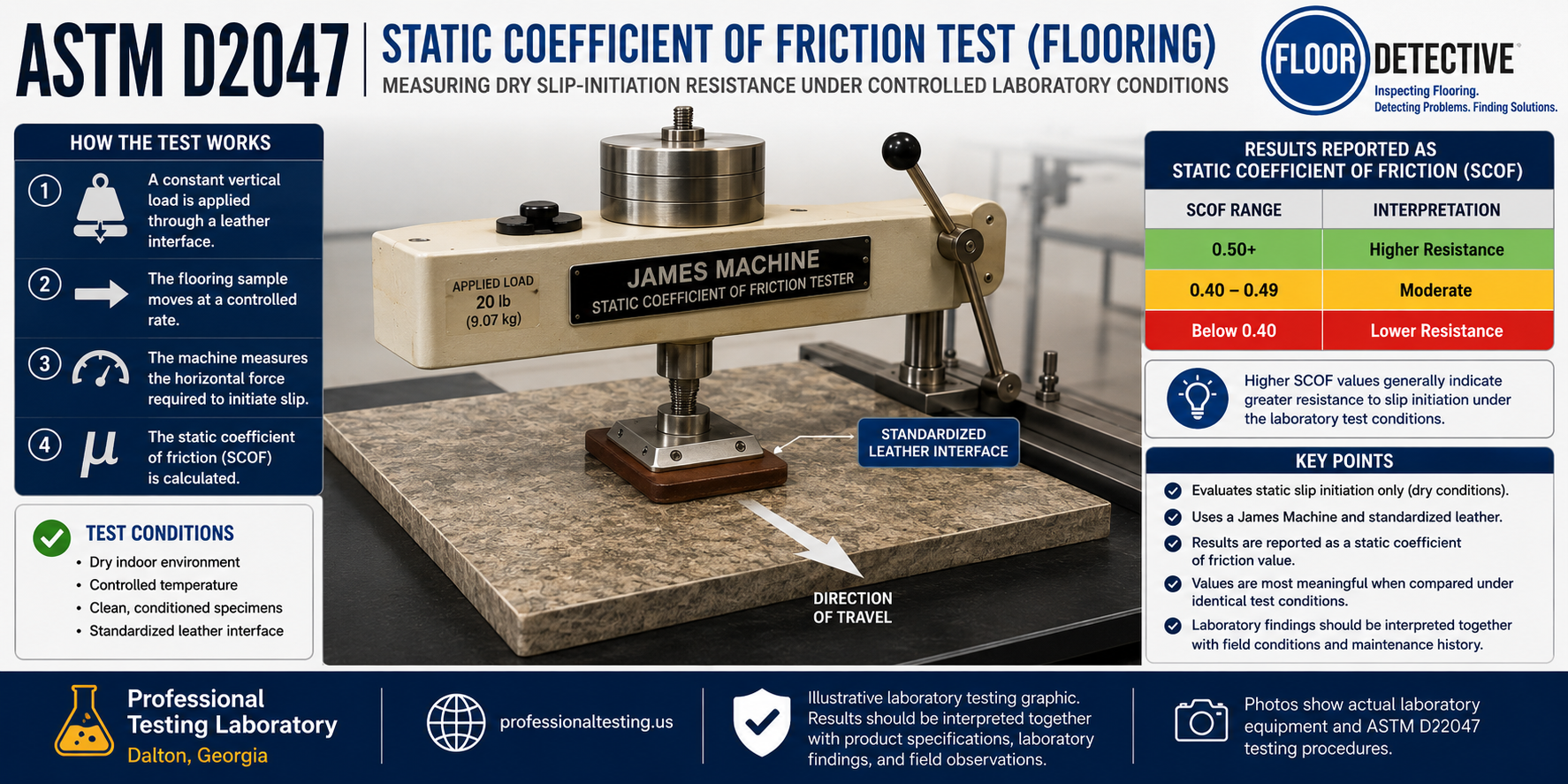 ASTM D2047 James Machine measuring the static coefficient of friction of a flooring specimen using a standardized leather interface under controlled laboratory conditions.