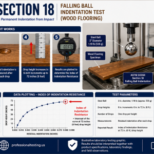 ASTM D2394 Section 18 Falling Ball Indentation Test showing a steel ball impact apparatus used to evaluate the indentation resistance of wood flooring under controlled laboratory conditions.
