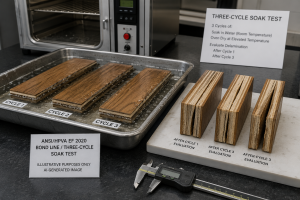 Illustrative laboratory setup showing ANSI/HPVA EF 2020 three-cycle soak testing for engineered wood flooring bond-line durability and delamination evaluation.