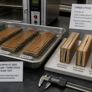 Illustrative laboratory setup showing ANSI/HPVA EF 2020 three-cycle soak testing for engineered wood flooring bond-line durability and delamination evaluation.