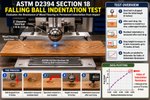 Illustrative image showing ASTM D2394 Section 18 falling ball indentation testing for evaluating wood flooring impact and dent resistance under controlled laboratory conditions.