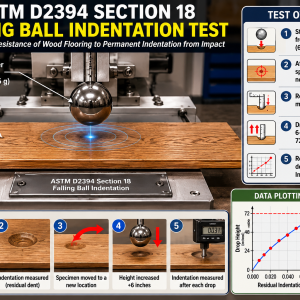 Illustrative image showing ASTM D2394 Section 18 falling ball indentation testing for evaluating wood flooring impact and dent resistance under controlled laboratory conditions.
