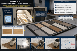 Illustrative laboratory setup showing ASTM F1515 xenon arc testing for flooring color stability and light-induced color change evaluation.