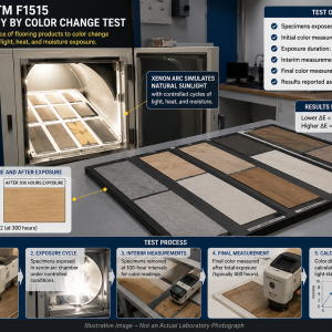 Illustrative laboratory setup showing ASTM F1515 xenon arc testing for flooring color stability and light-induced color change evaluation.