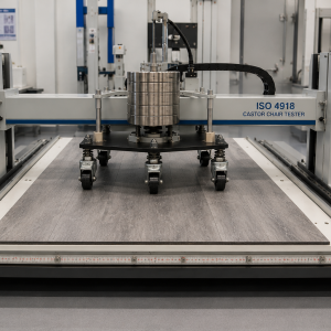 Illustrative Image – AI Generated for Educational Purposes showing ISO 4918 castor chair durability testing on resilient flooring in a laboratory environment.
