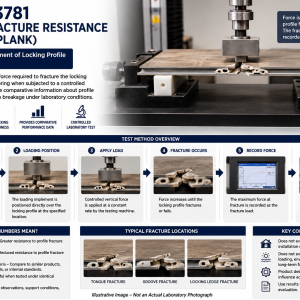ASTM F3781 profile fracture resistance testing of a resilient plank locking profile using a universal testing machine to measure fracture load and locking-system durability.