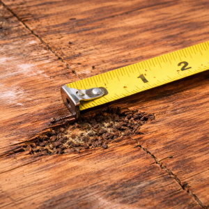 Wood decay hardwood flooring small localized area measured at approximately 2 inches