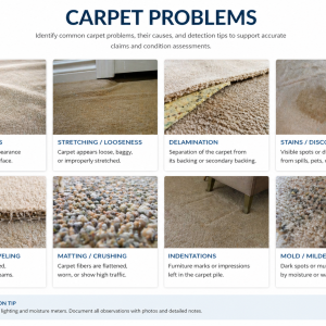 Carpet problems and carpet conditions involving seams, texture, backing, and appearance changes