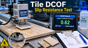 Tribometer equipment performing DCOF slip resistance testing on ceramic tile flooring