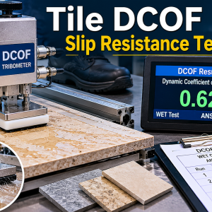Tribometer equipment performing DCOF slip resistance testing on ceramic tile flooring
