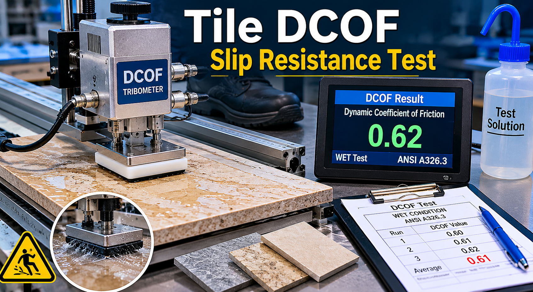 Tribometer equipment performing DCOF slip resistance testing on ceramic tile flooring