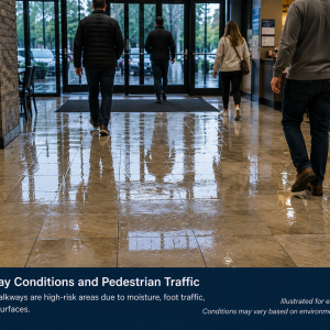 Wet commercial tile entryway with pedestrian traffic and caution signage illustrating slip resistance conditions